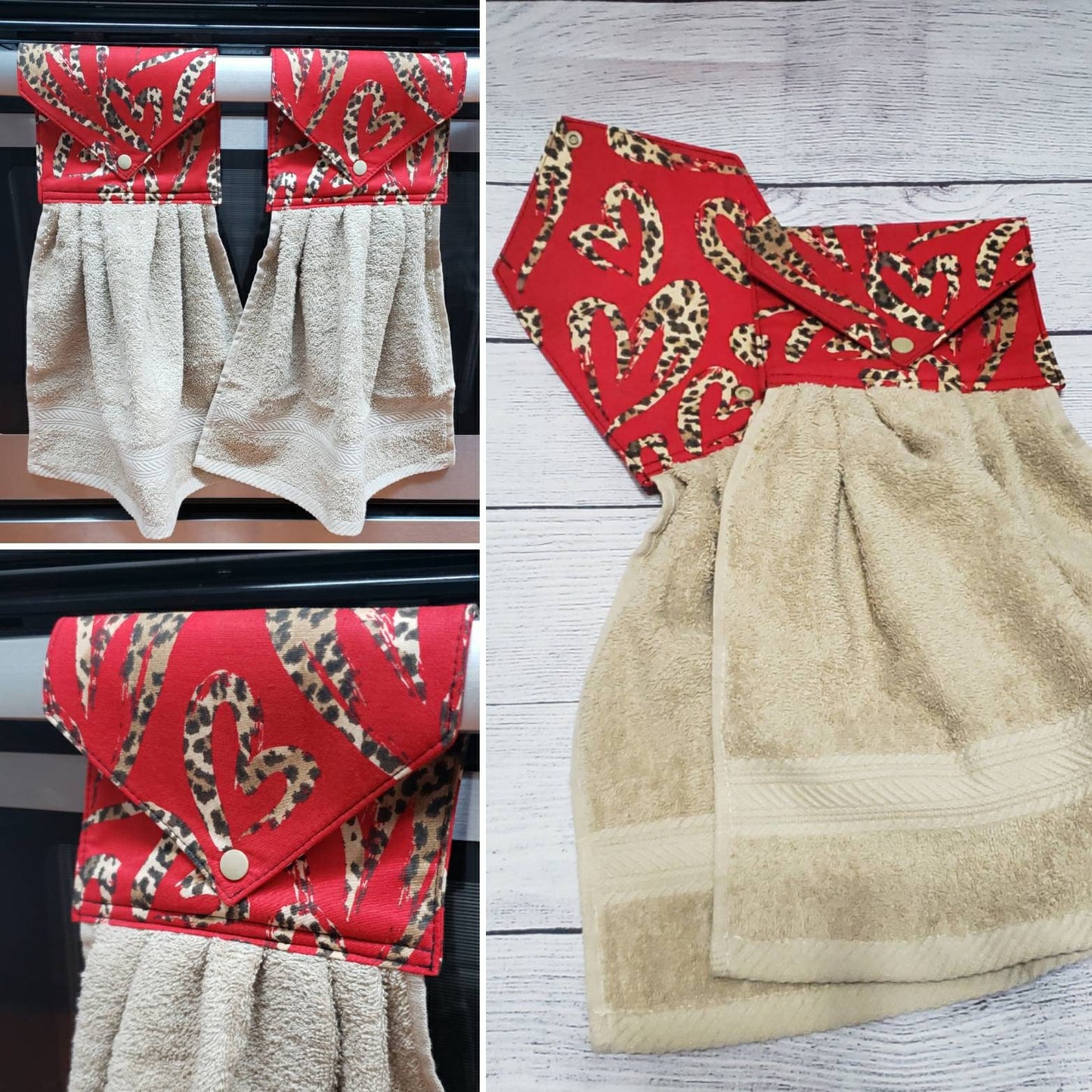 Leopard heart// Tan towel//Hanging kitchen towel set