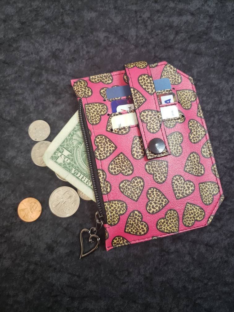 Pink cheetah heart// pocket pal/ minimalist wallet/card holder/ coin pouch