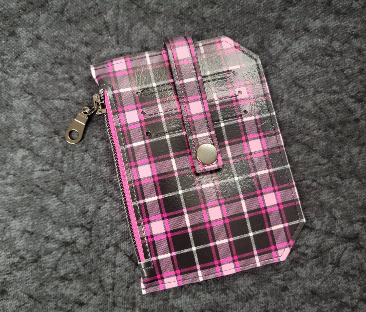 Pink and black plaid// pocket pal/ minimalist wallet/ card holder/ coin pouch