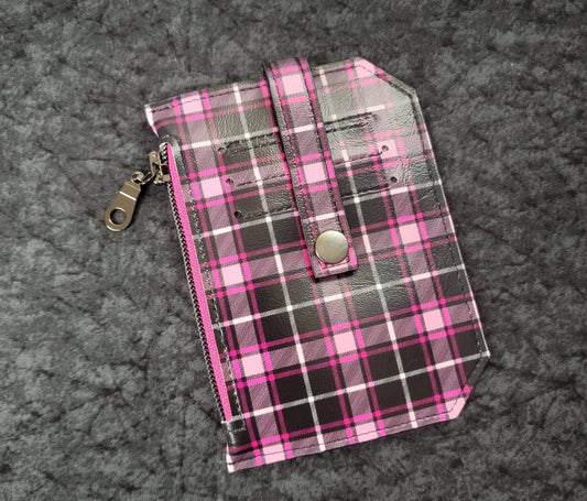 Pink and black plaid// pocket pal/ minimalist wallet/ card holder/ coin pouch
