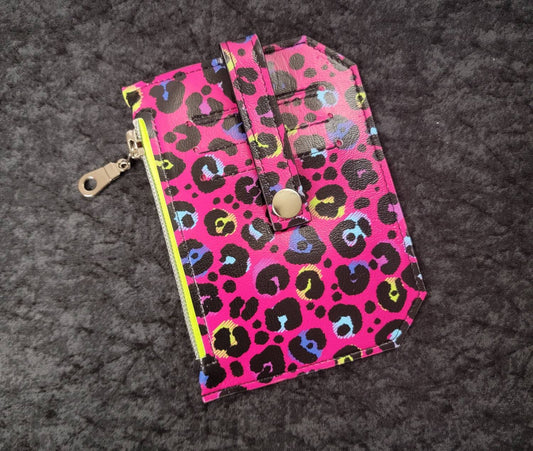 Hot pink cheetah pocket pal/ minimalist wallet/ card holder/ coin pouch / glow in the dark zip