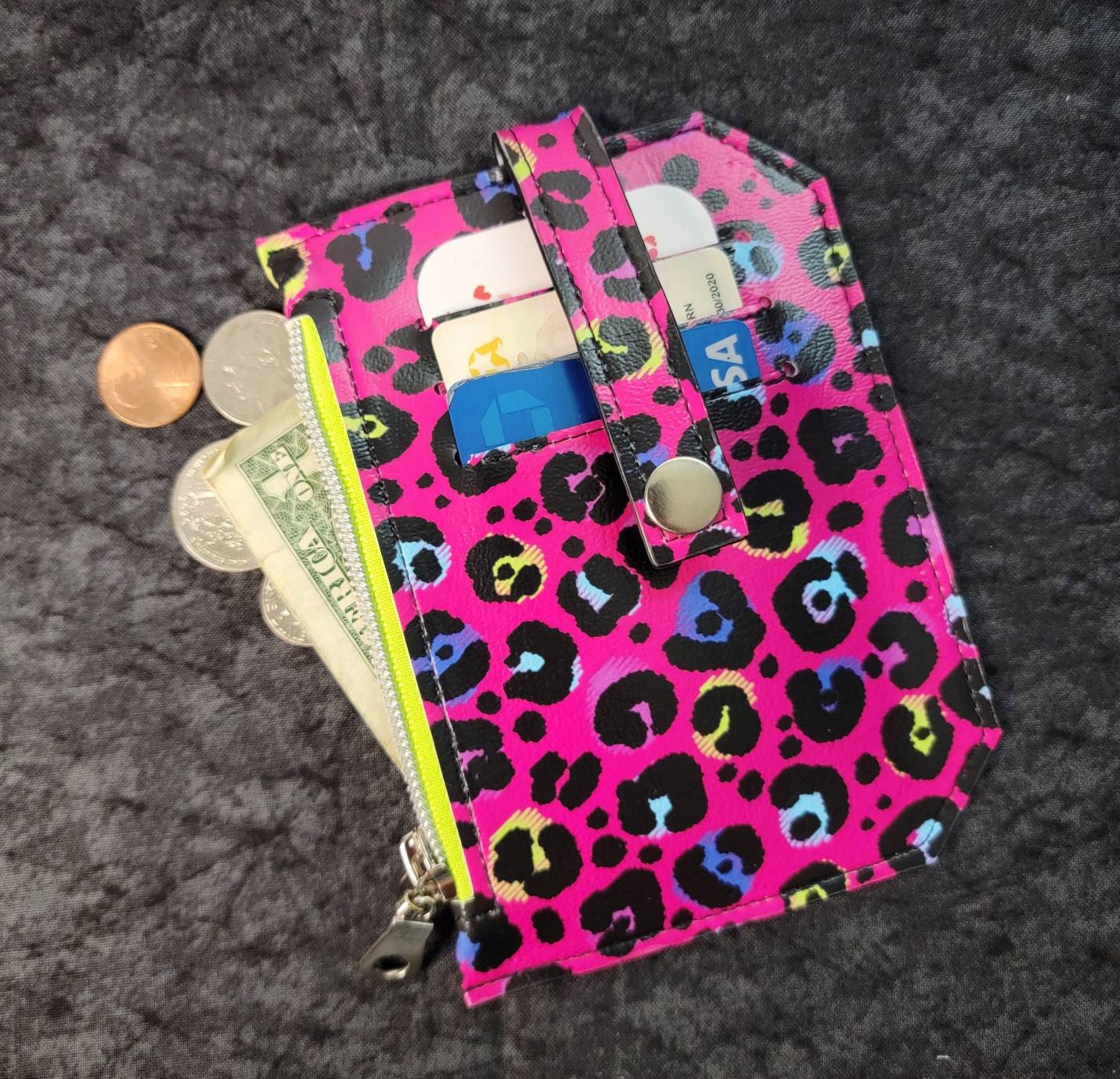Hot pink cheetah pocket pal/ minimalist wallet/ card holder/ coin pouch / glow in the dark zip