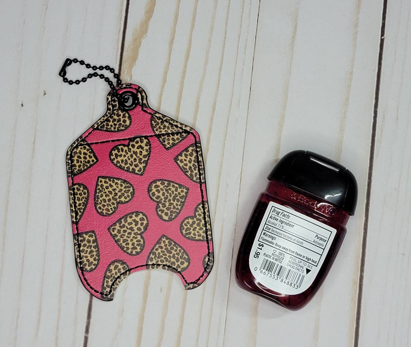 Hot pink cheetah hearts// Hand sanitizer holder/ keychain