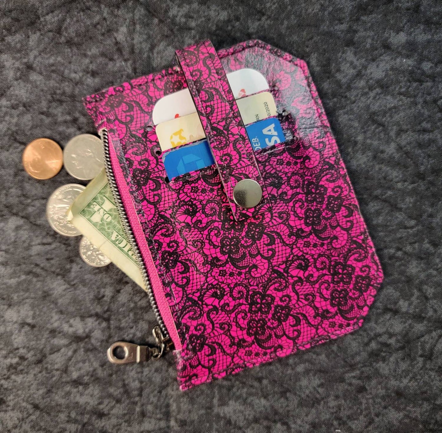 Pink and black lace // pocket pal/ minimalist wallet/ card holder/ coin pouch