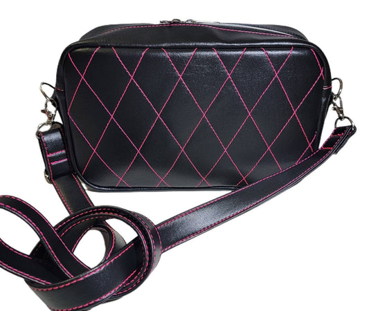 Neon pink and black/ floral/ diamond quilt/ boxy bag/ card holder/ silver hardware