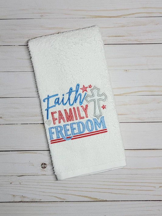 Faith, family & freedom/ hand towel/ kitchen decor/ machine embroidery