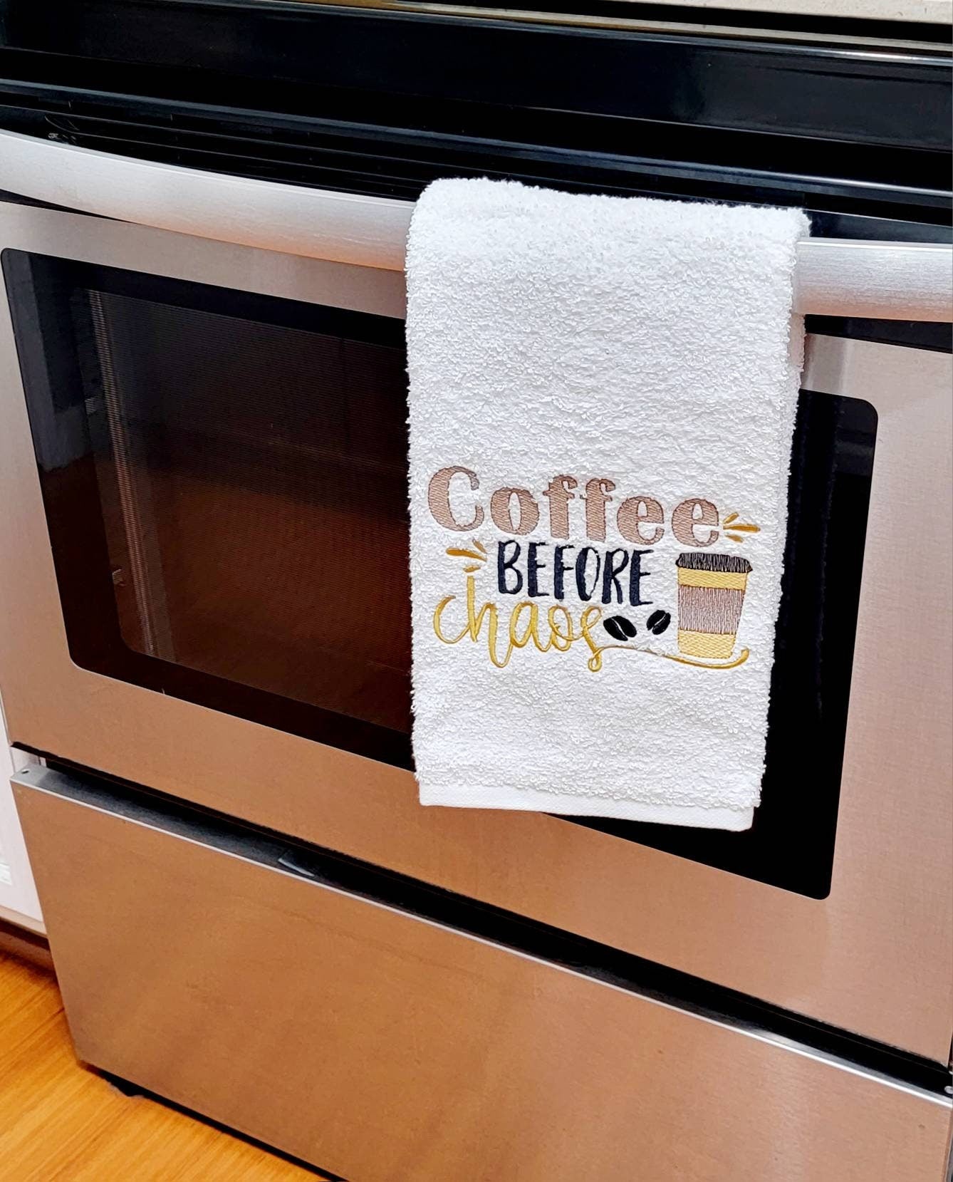 Coffee before chaos/ hand towel/ funny saying/ mom life/ kitchen decor/ machine embroidered