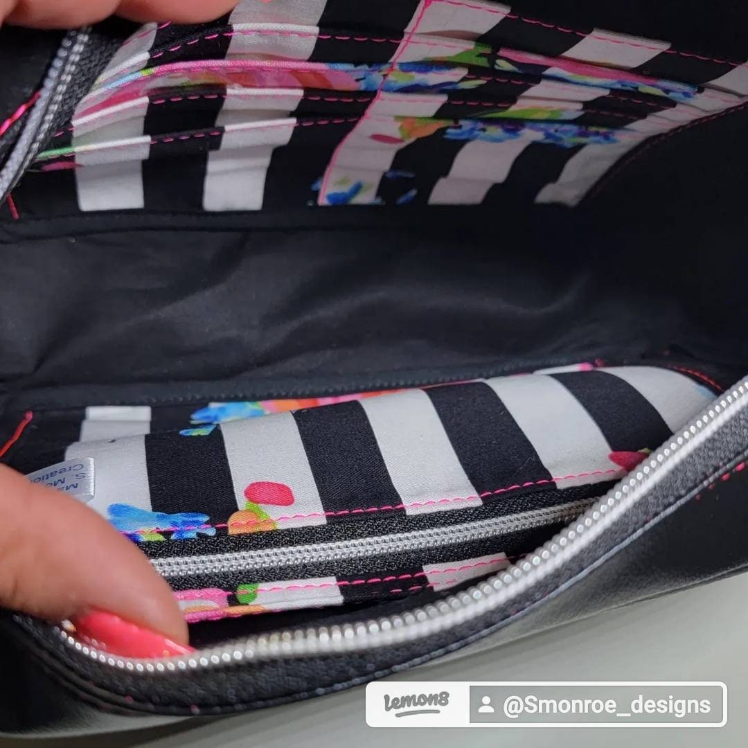 Neon pink and black/ floral/ diamond quilt/ boxy bag/ card holder/ silver hardware