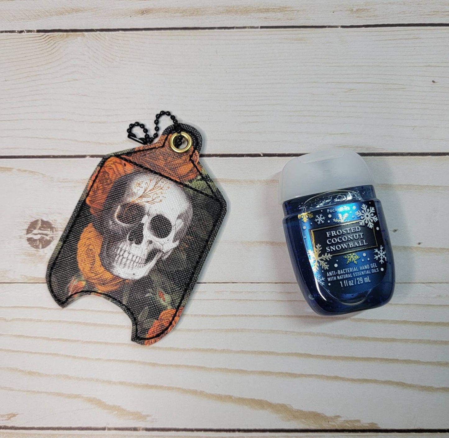 Orange rose and skull// Hand sanitizer holder/ keychain/ embroidered