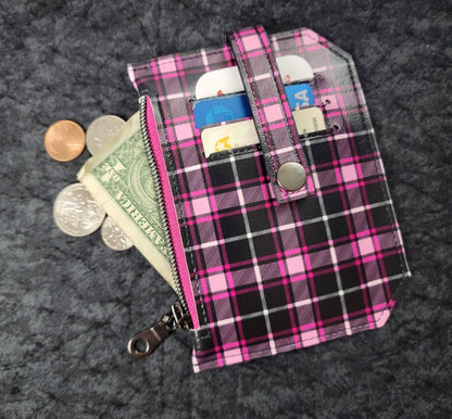 Pink and black plaid// pocket pal/ minimalist wallet/ card holder/ coin pouch