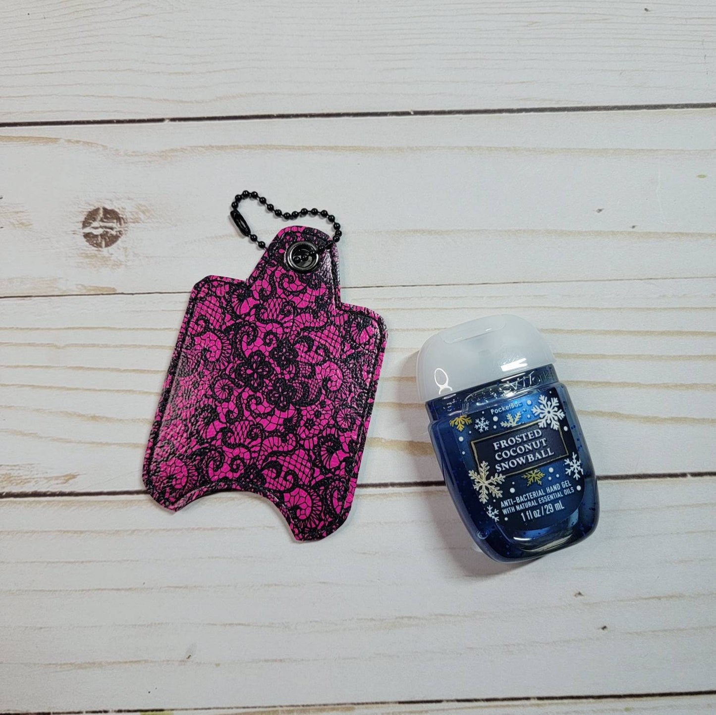 Pink and black lace// Hand sanitizer holder/ keychain/ embroidered