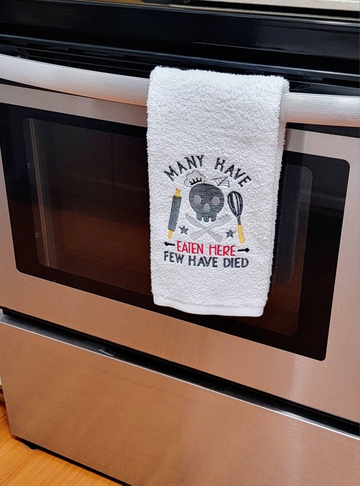 Many have eaten here/ hand towel/ kitchen decor/ funny/ skulls/embroidered