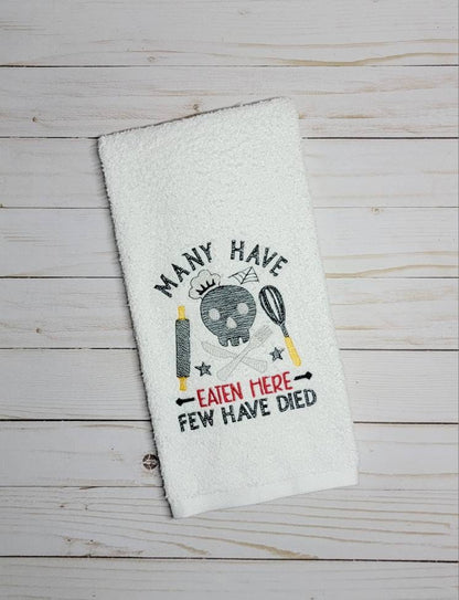 Many have eaten here/ hand towel/ kitchen decor/ funny/ skulls/embroidered